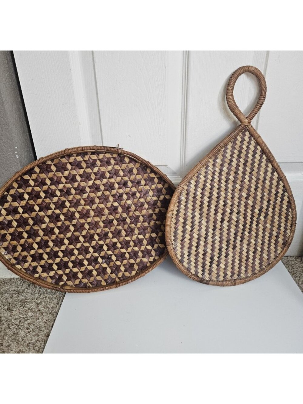 Vintage Rattan Tray Baskets Leaf Fan Boho Decor